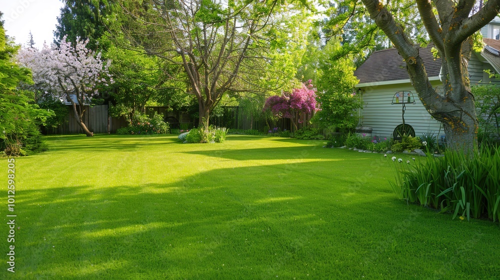 Naklejka premium A neatly trimmed lawn with vibrant green grass, perfect for a summer background