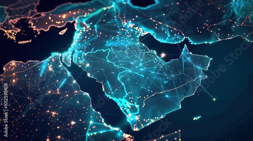 Digital Illustration of an Abstract Network Map of Saudi Arabia Linking the Middle East and North Africa for Global Data Transfer