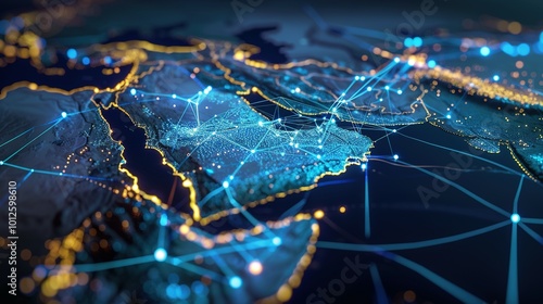 Digital Illustration of an Abstract Network Map of Saudi Arabia Linking the Middle East and North Africa for Global Data Transfer