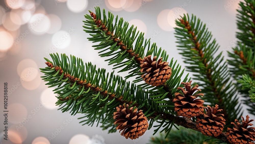 Evergreen pine branches decorated with small pine cones against a softly blurred bokeh background effect creating a serene scene. Evergreen pine branches decorated with small pine cones against a softly blurred bokeh background effect creating a serene scene.