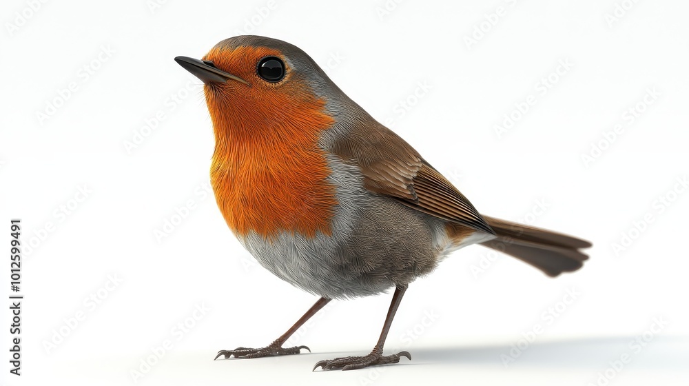 European robin standing on a surface, displaying its vibrant orange chest and brown feathers, isolated on a white background Generative AI European robin standing on a surface, displaying its vibrant orange chest and brown feathers, isolated on a white background Generative AI