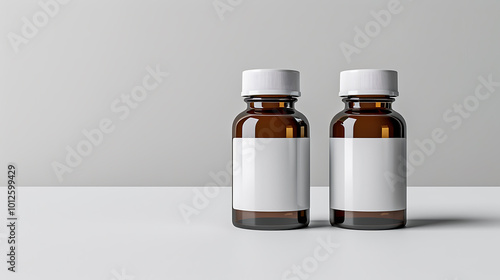 Two amber glass bottles with white labels and lids, sitting on a white surface against a plain grey background.