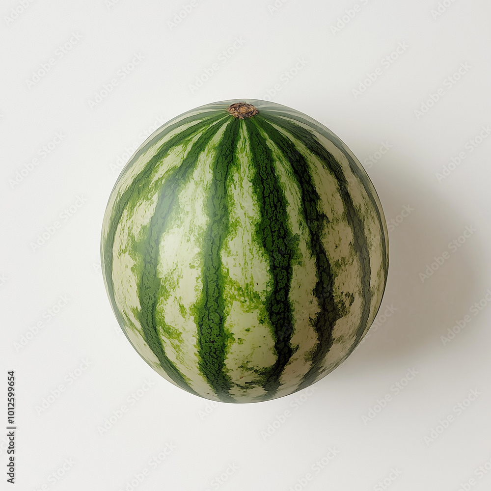 A whole, perfectly round watermelon with vibrant green A whole, perfectly round watermelon with vibrant green