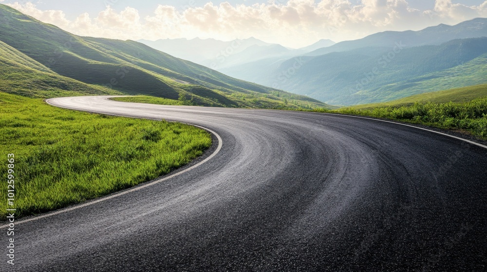 Naklejka premium An asphalt road curving gently through green mountain slopes, under a bright sky with light, wispy clouds.
