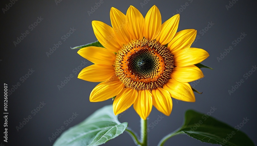Obraz premium Radiant Sunflower Blossoming Against Subtle Grey Backdrop - Vibrant Flower Close-Up