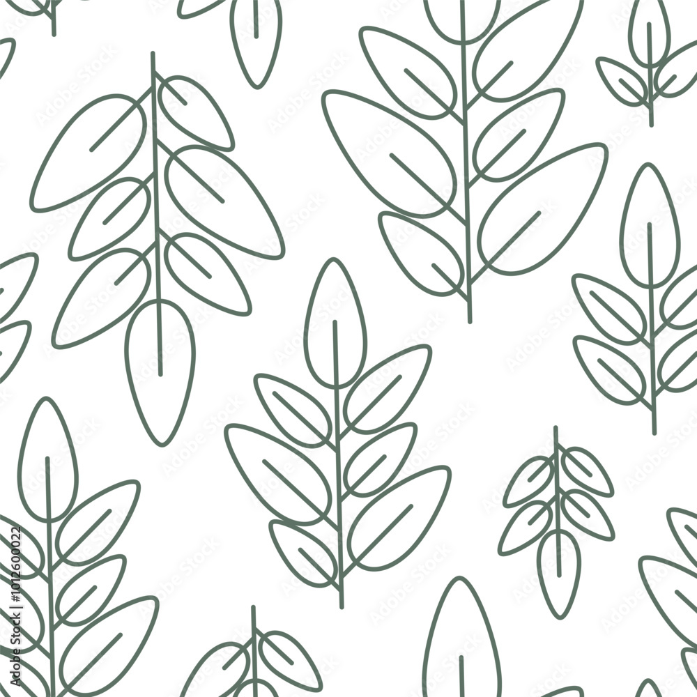 Vector seamless pattern of many big contour green leaves. Simple linear botanical print. Editable outline plant icon. Cute floral art for cosmetics packaging design, elegant spring cloth, natural card Vector seamless pattern of many big contour green leaves. Simple linear botanical print. Editable outline plant icon. Cute floral art for cosmetics packaging design, elegant spring cloth, natural card