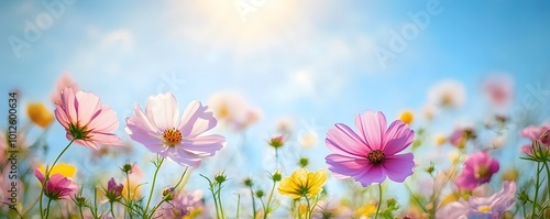 A vibrant display of pastel-colored cosmos flowers under a sunny sky