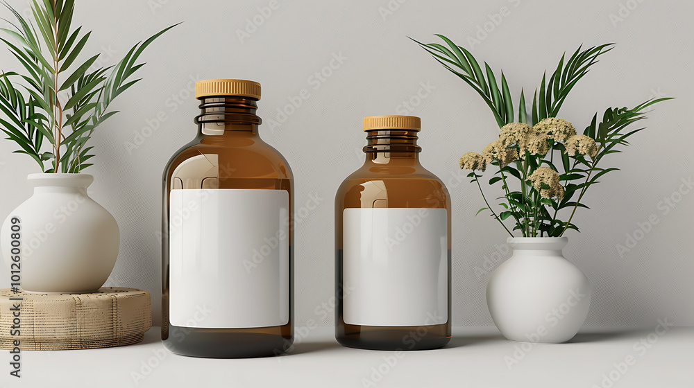 Two amber glass bottles with blank white labels, one tall and one short, sit on a white surface with two white vases with plants, one with green leaves and one with small yellow flowers. Two amber glass bottles with blank white labels, one tall and one short, sit on a white surface with two white vases with plants, one with green leaves and one with small yellow flowers.