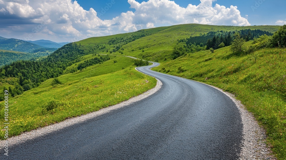 An asphalt road curving through green mountain terrain, with a clear sky and light, fluffy clouds on a bright, sunny day. An asphalt road curving through green mountain terrain, with a clear sky and light, fluffy clouds on a bright, sunny day.