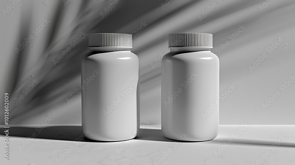 Two white pill bottles with shadows cast on a white background. Two white pill bottles with shadows cast on a white background.