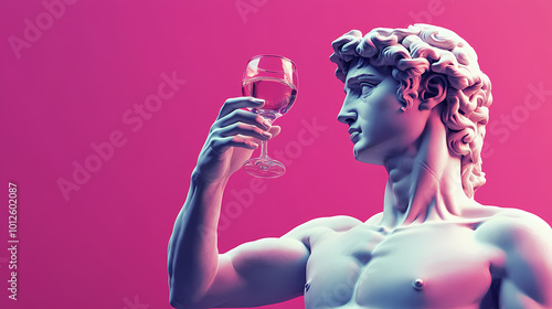 Classical david greek statue with intricate details holding a glass of wine poses elegantly against a vibrant pink backdrop. Neoclassical Art. Illustration photo