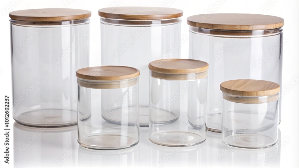 Set of clear glass storage jars with wooden lids for organization. Set of clear glass storage jars with wooden lids for organization.