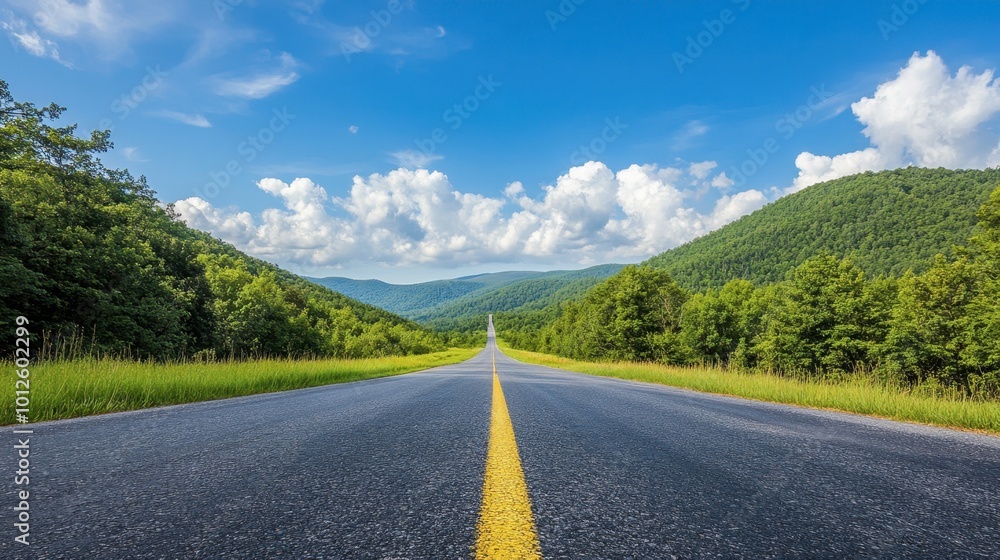 An asphalt road stretching towards green mountains, with a bright blue sky and puffy clouds on a sunny, clear day. An asphalt road stretching towards green mountains, with a bright blue sky and puffy clouds on a sunny, clear day.