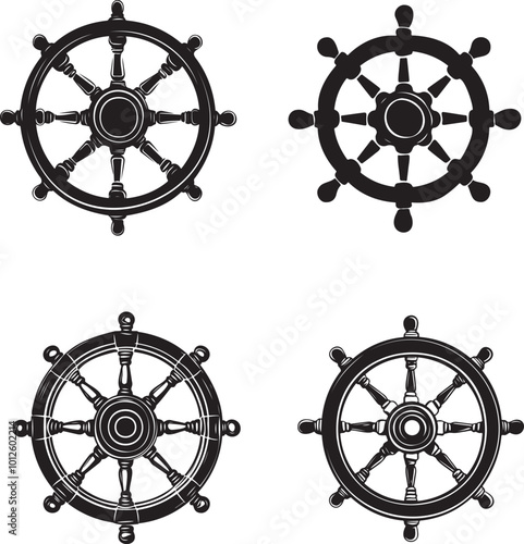 Classic Nautical Steering Wheel Silhouette in Black and White photo