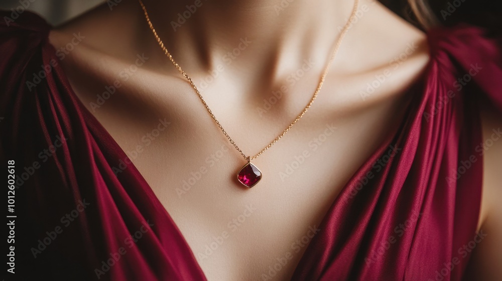 A closeup of a delicate golden necklace featuring a radiant ruby pendant, elegantly worn by a model in a deep red dress. The combination of colors exudes sophistication and charm. A closeup of a delicate golden necklace featuring a radiant ruby pendant, elegantly worn by a model in a deep red dress. The combination of colors exudes sophistication and charm.