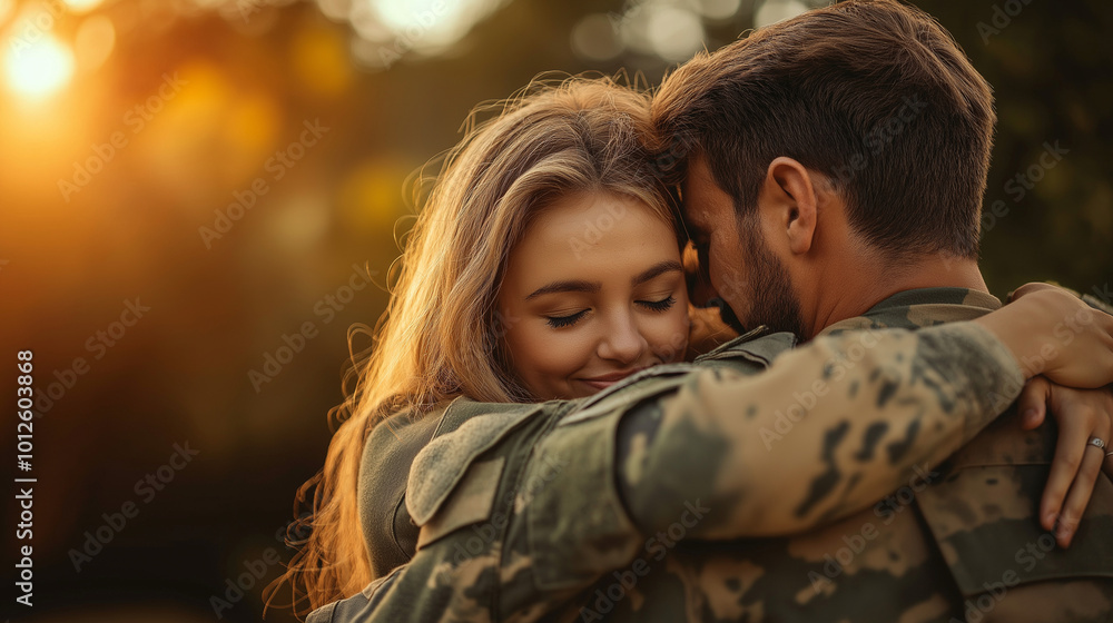 Veterans Family Reunion, depicting a warm family hug with a soldier, with copy space, Veterans Day Veterans Family Reunion, depicting a warm family hug with a soldier, with copy space, Veterans Day