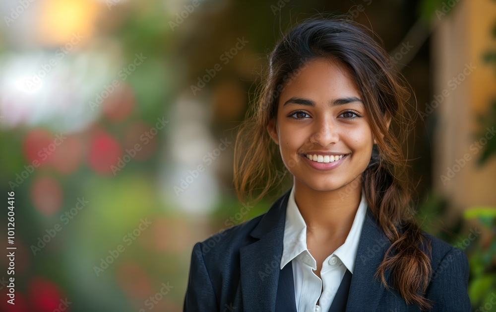 Portrait of a smiling, beautiful young Indian business woman in a suit with an blurred office background. Portrait of a smiling, beautiful young Indian business woman in a suit with an blurred office background.