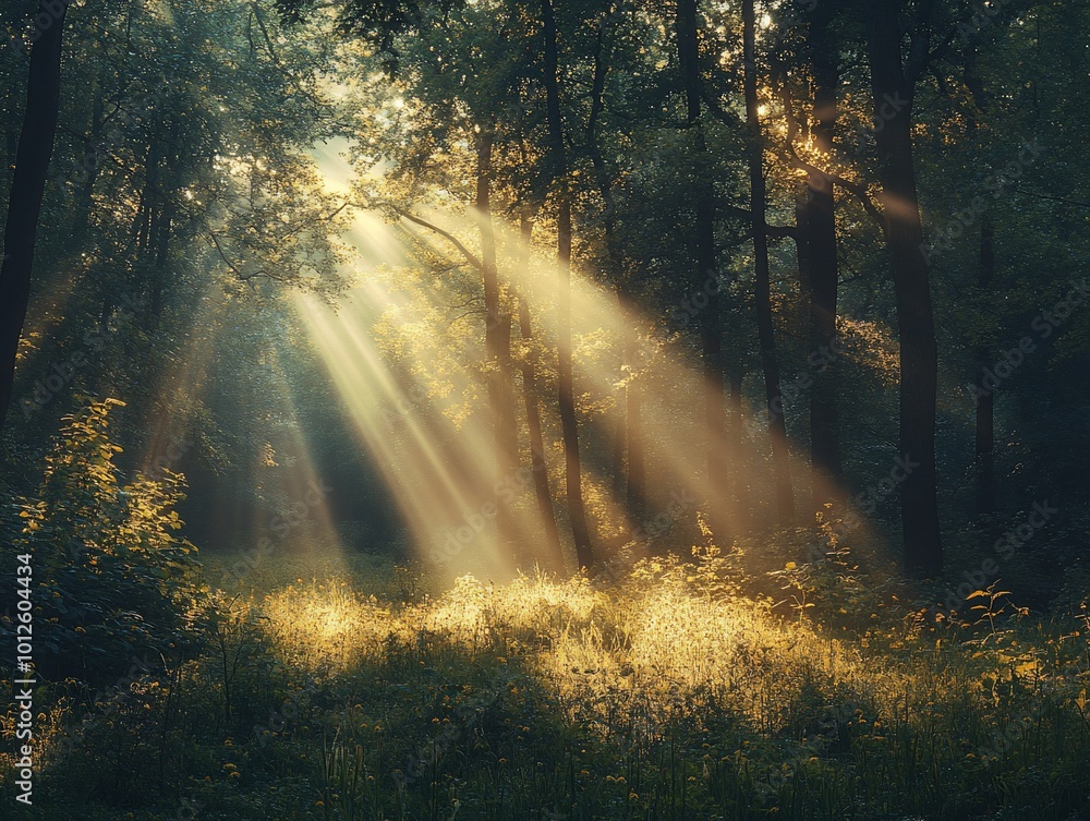 Sunbeams pierce through the canopy of a dense forest, illuminating the forest floor with a golden glow. Sunbeams pierce through the canopy of a dense forest, illuminating the forest floor with a golden glow.