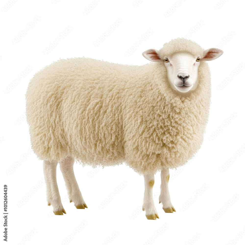 Naklejka premium Soft and fluffy sheep standing alone on a bright white background, emphasizing its gentle features and woolly coat.