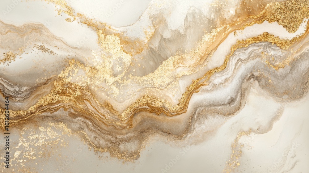 Obraz premium Fluid art with soft beige and gold tones, creating a serene and natural composition with a touch of luxury.