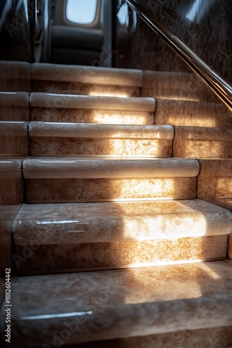 Sunlight streams through a window onto a marble staircase inside a private jet.