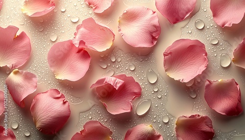 Tranquil Beauty: Delicate Pink Rose Petals on Soft White Surface, Elegant Floral Background Close-Up Photo