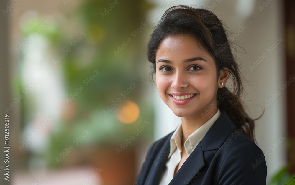 Portrait of a smiling, beautiful young Indian business woman in a suit with an blurred office background. Portrait of a smiling, beautiful young Indian business woman in a suit with an blurred office background.