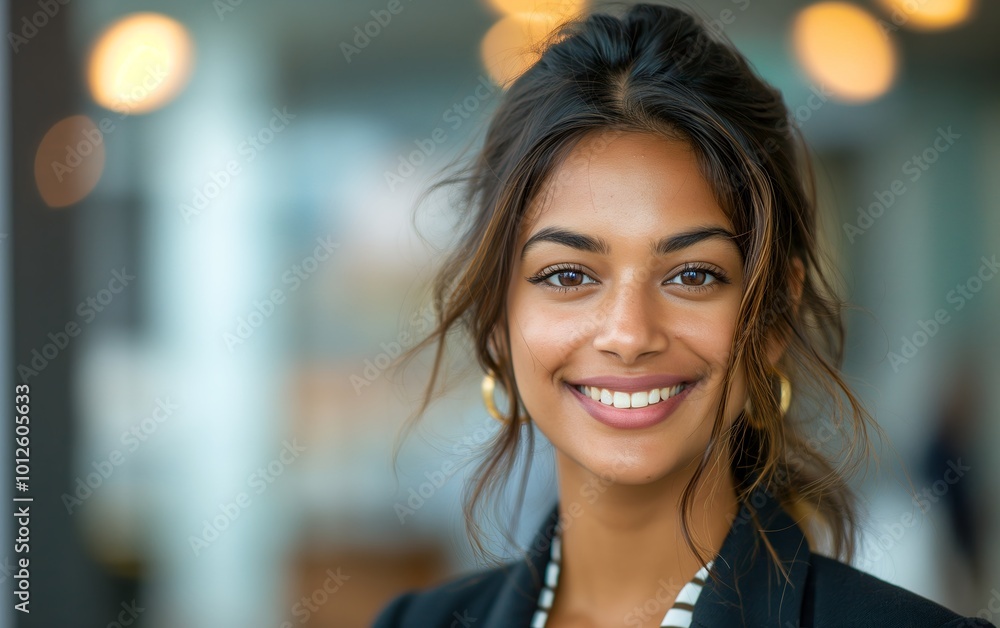 Portrait of a smiling, beautiful young Indian business woman in a suit with an blurred office background. Portrait of a smiling, beautiful young Indian business woman in a suit with an blurred office background.