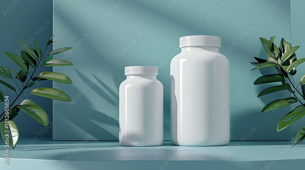 Two white supplement bottles on a blue platform with green leaves in the background. Two white supplement bottles on a blue platform with green leaves in the background.