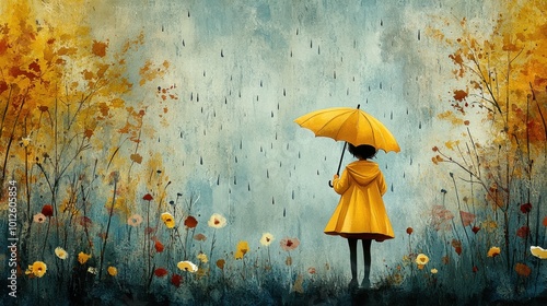 A minimal watercolor of a child twirling in the rain with an umbrella, soft raindrops falling on a parchment-like paper background 