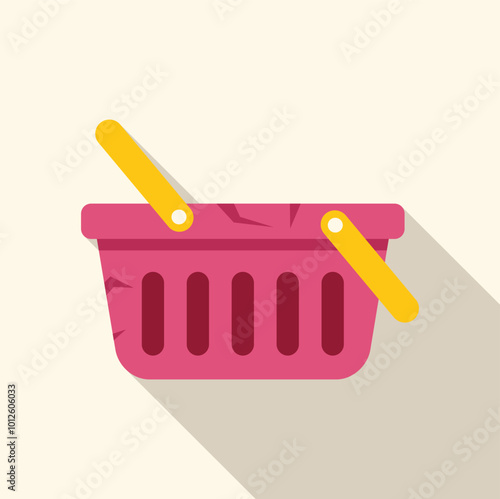 Pink empty shopping basket with yellow handles casting long shadow, side view, flat style