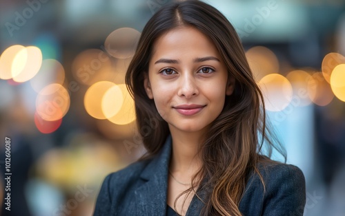 Portrait of a smiling  beautiful young Indian business woman in a suit with an blurred office background.