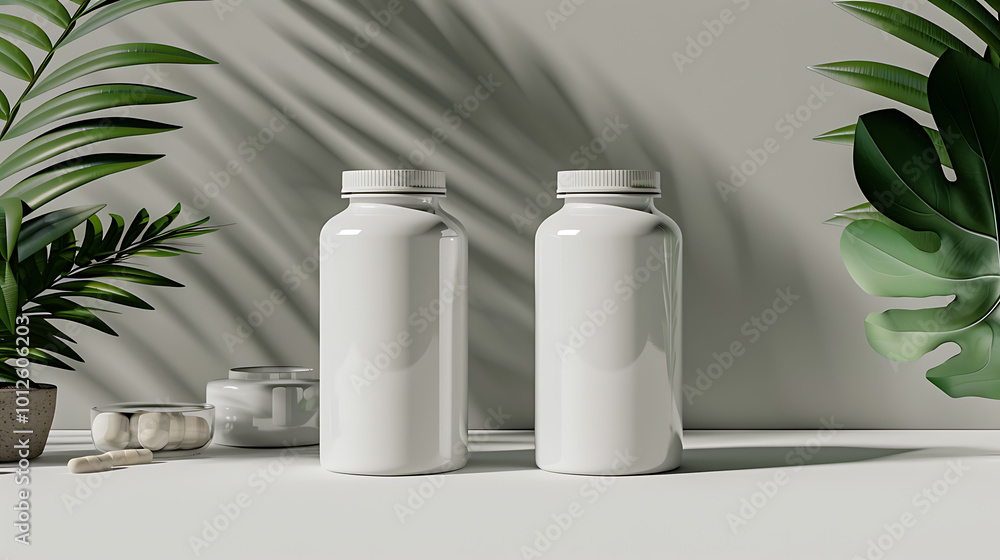 Two white supplement bottles on a white surface with green plants and shadows. Two white supplement bottles on a white surface with green plants and shadows.