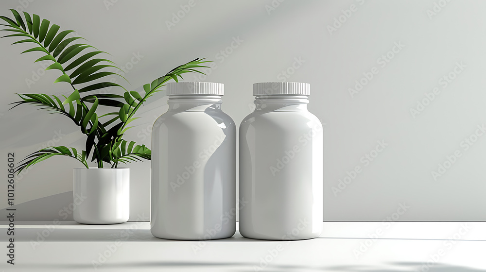 Two white bottles with white lids sit on a white table next to a potted plant. Two white bottles with white lids sit on a white table next to a potted plant.
