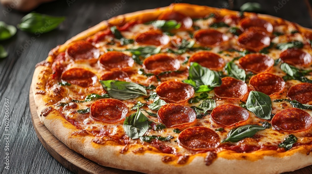 The perfect promotional food photo banner: pepperoni pizza with fresh basil The perfect promotional food photo banner: pepperoni pizza with fresh basil