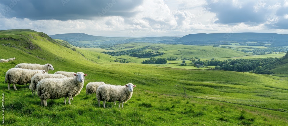 A flock of sheep graze on a grassy hillside, with a rolling green valley and mountains in the background. A flock of sheep graze on a grassy hillside, with a rolling green valley and mountains in the background.