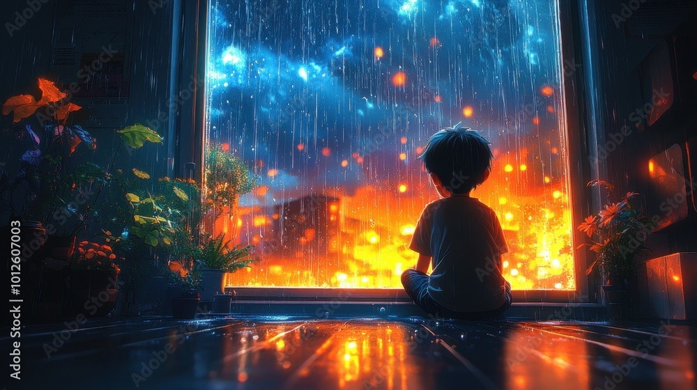 A nostalgic 80’s cartoon room with vibrant colors, the boy leaning on the windowsill as raindrops hit the glass, with soft lighting enhancing the retro atmosphere A nostalgic 80’s cartoon room with vibrant colors, the boy leaning on the windowsill as raindrops hit the glass, with soft lighting enhancing the retro atmosphere
