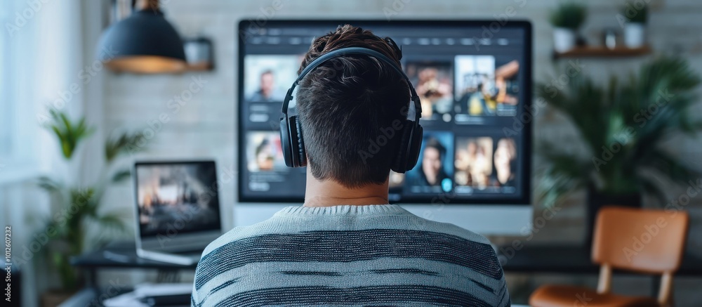 A man sits in front of a computer screen, wearing headphones, looking at a video with multiple images. A man sits in front of a computer screen, wearing headphones, looking at a video with multiple images.