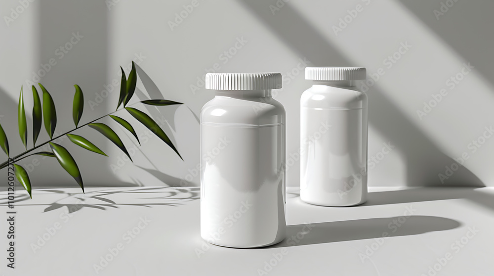 Two white pill bottles on a white surface with a green plant branch in the background. Two white pill bottles on a white surface with a green plant branch in the background.