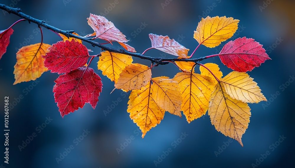 Obraz premium Serene Autumn Bliss - Vibrant Colorful Leaves Falling from Tree Branch in Soft Focus Background, Creating Nostalgic Ambiance, Medium Shot Photo