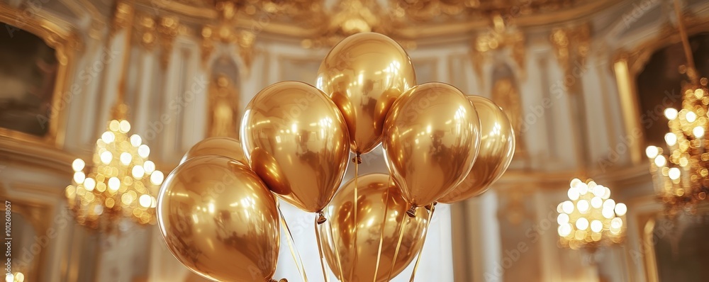 Golden Balloons Floating in Elegant Room Golden Balloons Floating in Elegant Room