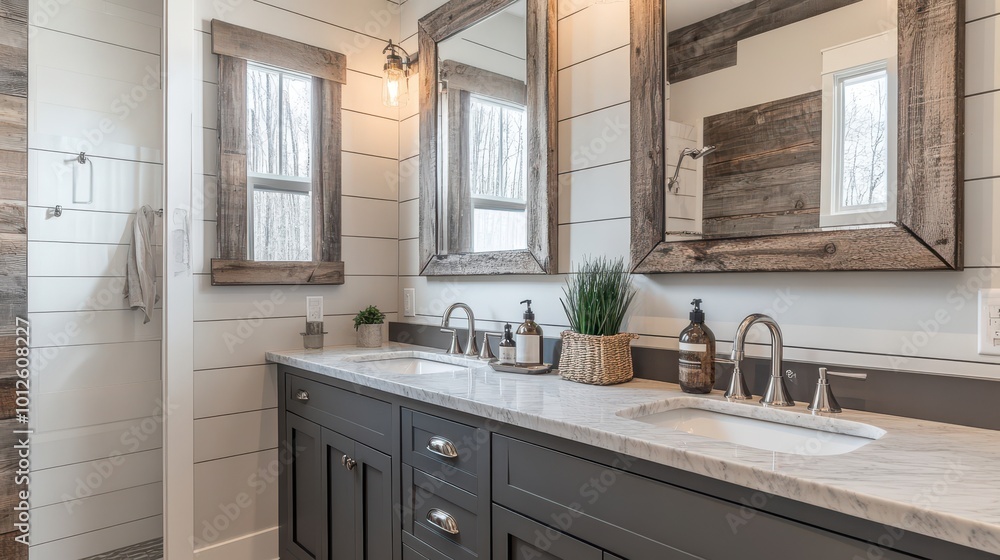 A luxurious renovated bathroom with a grey vanity rustic wood framed mirrors shiplap wall and chrome faucets and hardware A luxurious renovated bathroom with a grey vanity rustic wood framed mirrors shiplap wall and chrome faucets and hardware