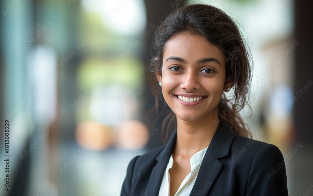 Portrait of a smiling, beautiful young Indian business woman in a suit with an blurred office background. Portrait of a smiling, beautiful young Indian business woman in a suit with an blurred office background.