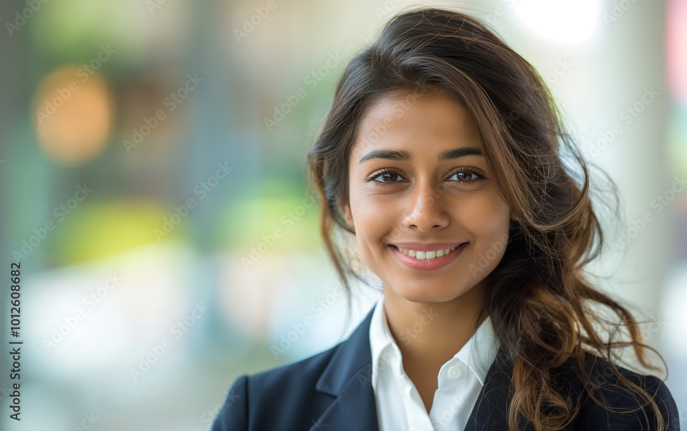 Portrait of a smiling, beautiful young Indian business woman in a suit with an blurred office background. Portrait of a smiling, beautiful young Indian business woman in a suit with an blurred office background.