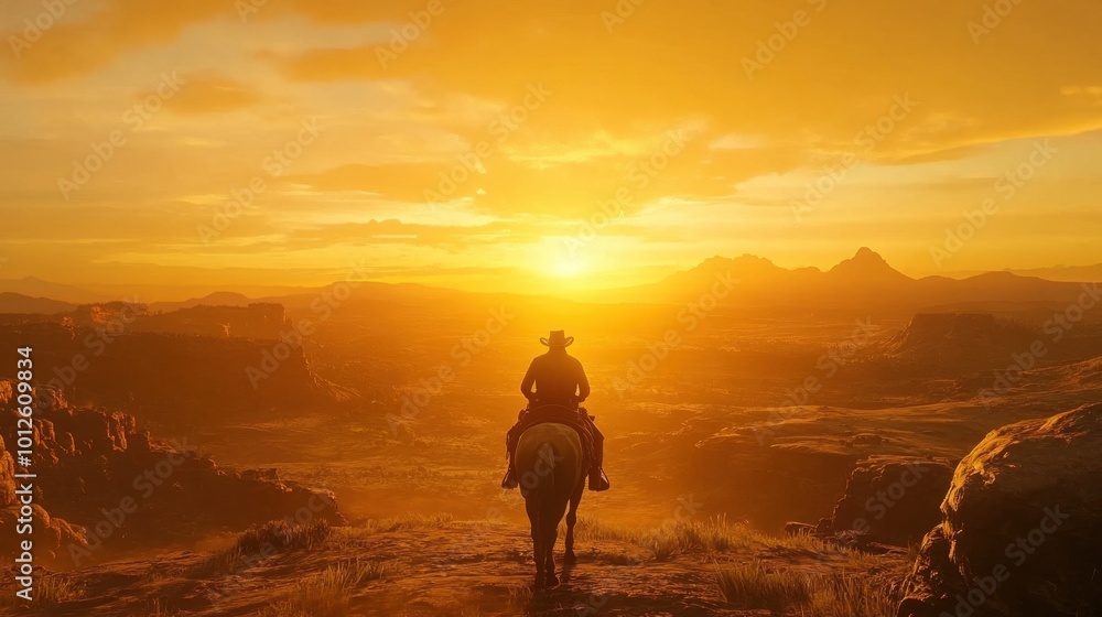 A cowboy in a hat riding his horse across a rugged western landscape, vast open country stretching behind him, sunset in the distance A cowboy in a hat riding his horse across a rugged western landscape, vast open country stretching behind him, sunset in the distance
