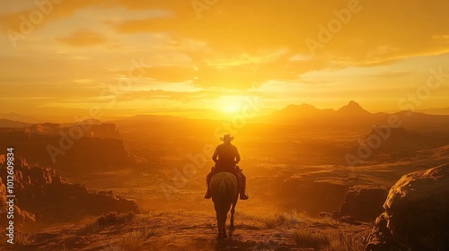 A cowboy in a hat riding his horse across a rugged western landscape, vast open country stretching behind him, sunset in the distance