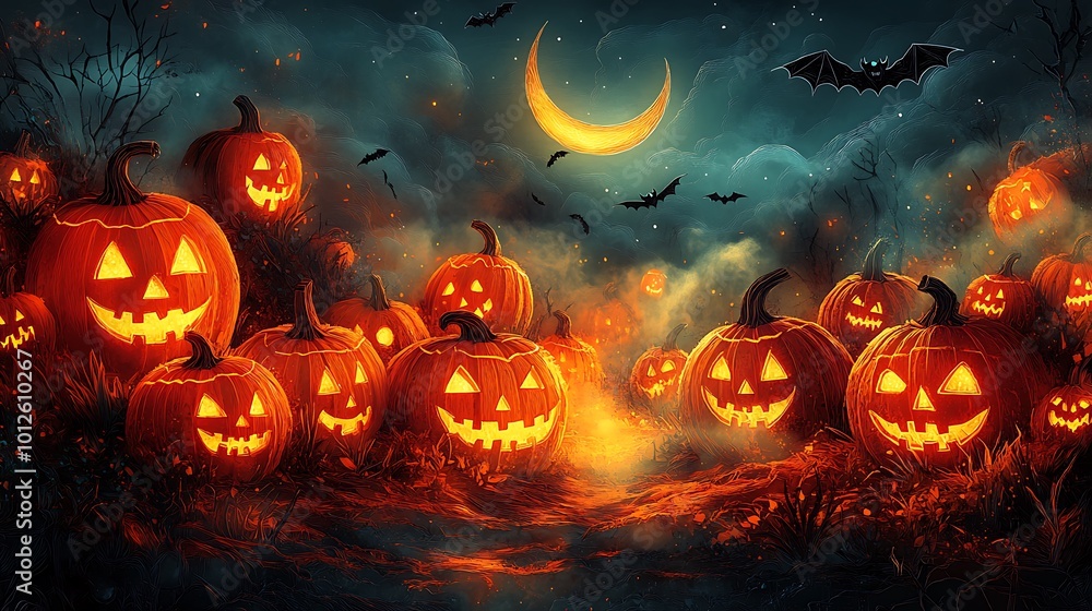 A pumpkin patch filled with glowing jack-o'-lanterns, paper-cut style, crescent moon in the sky, swirling fog rolling through the pumpkins, bats flying overhead, A pumpkin patch filled with glowing jack-o'-lanterns, paper-cut style, crescent moon in the sky, swirling fog rolling through the pumpkins, bats flying overhead,
