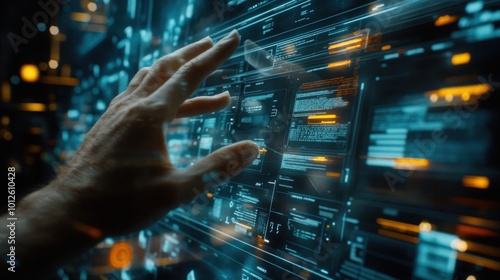 A dynamic scene of a man's hand interacting with a holographic interface showing a document management system and files, against a clear background, ideal for additional copy