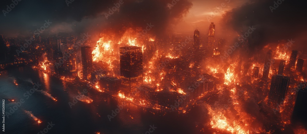 Aerial view of a city engulfed in flames with smoke and fire engulfing buildings. Aerial view of a city engulfed in flames with smoke and fire engulfing buildings.