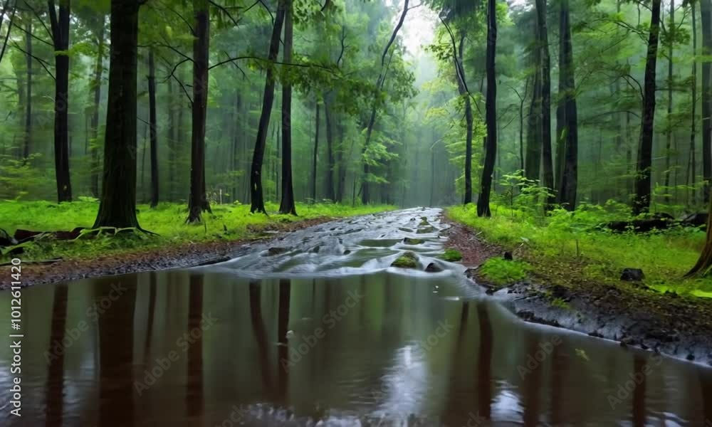 Forest view when it rains with puddles Forest view when it rains with puddles